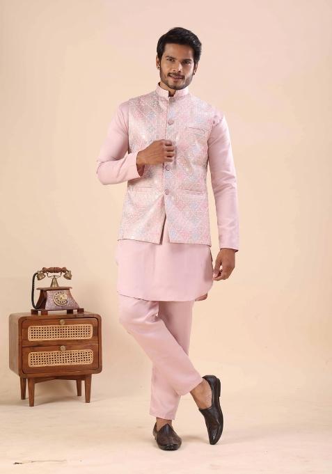 Pink Embroidery Cotton Waistcoat For Men