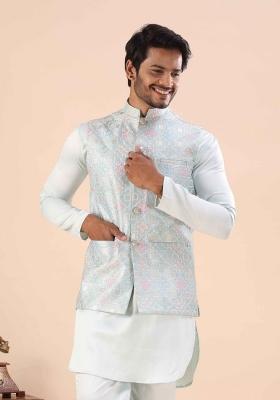 Sky Blue Embroidery Cotton Waistcoat For Men