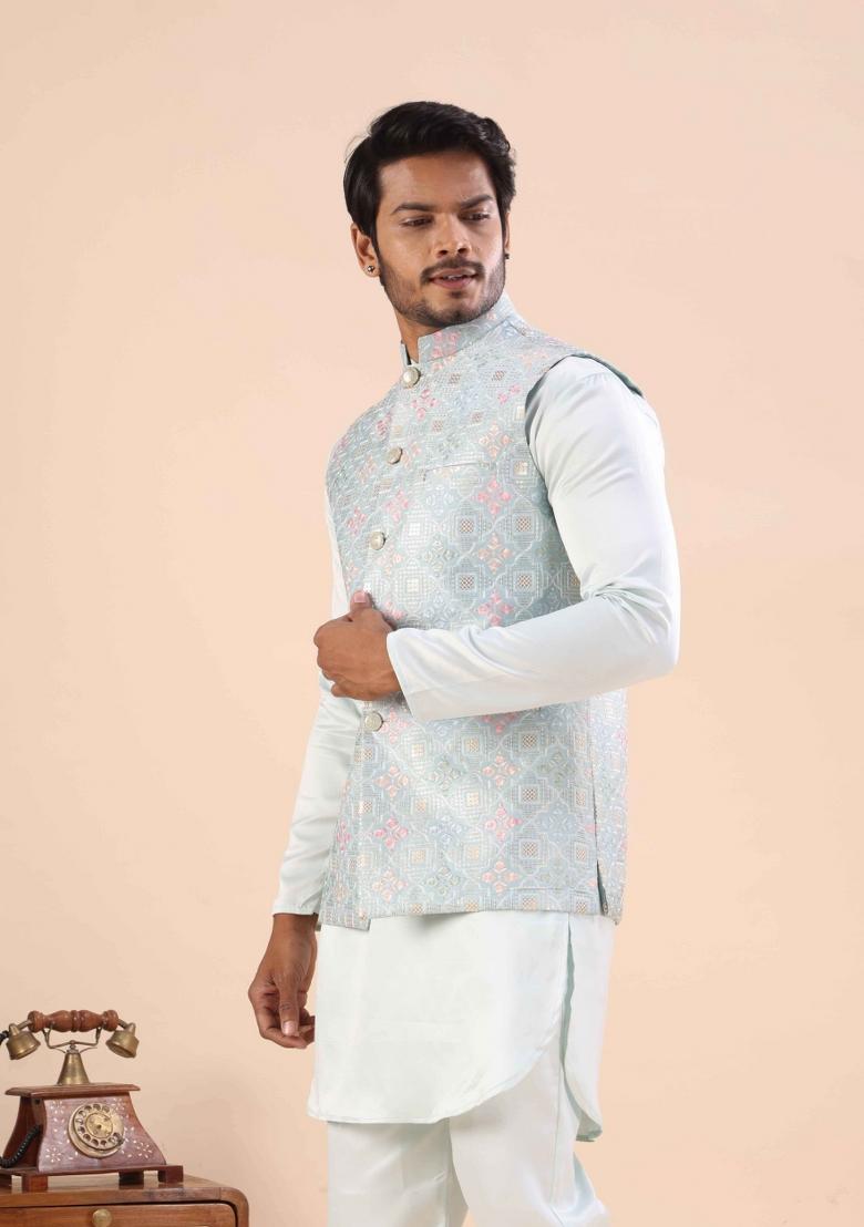 Sky Blue Embroidery Cotton Waistcoat For Men - Indya