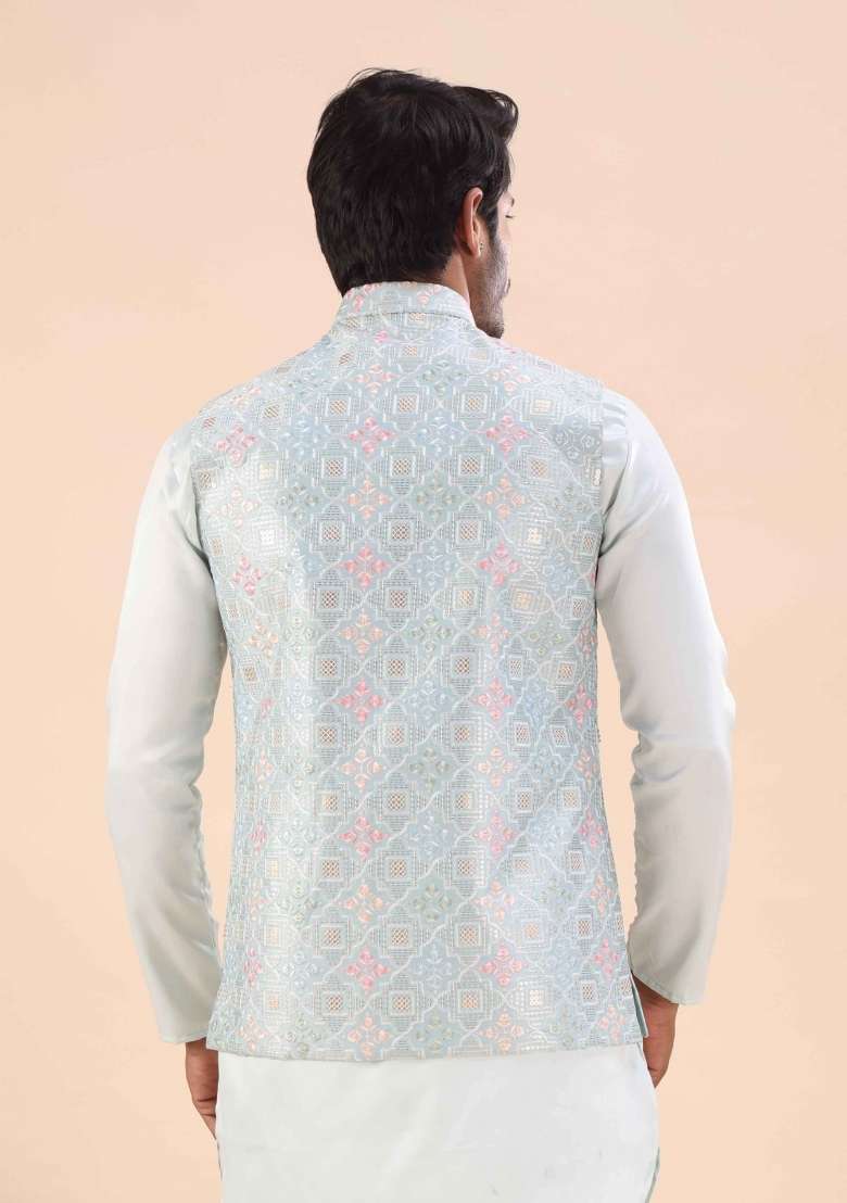 Sky Blue Embroidery Cotton Waistcoat For Men - Indya