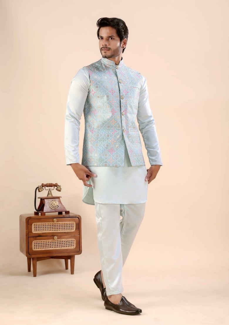 Sky Blue Embroidery Cotton Waistcoat For Men - Indya