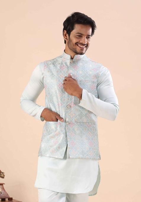 Sky Blue Embroidery Cotton Waistcoat For Men