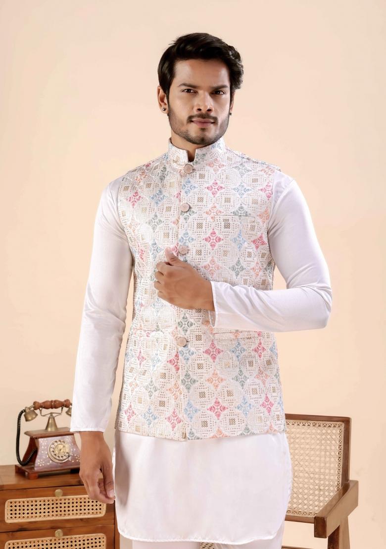 White Embroidery Cotton Waistcoat For Men - Indya