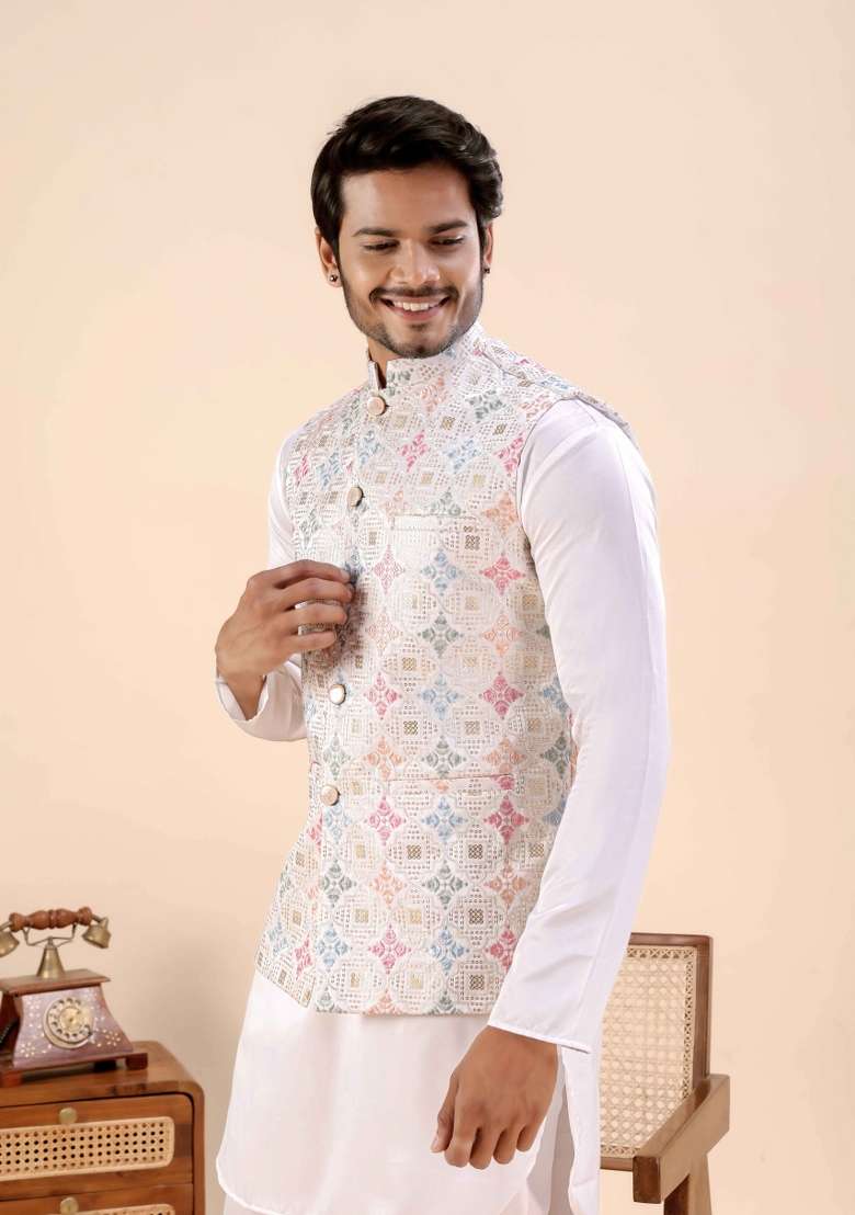 White Embroidery Cotton Waistcoat For Men - Indya