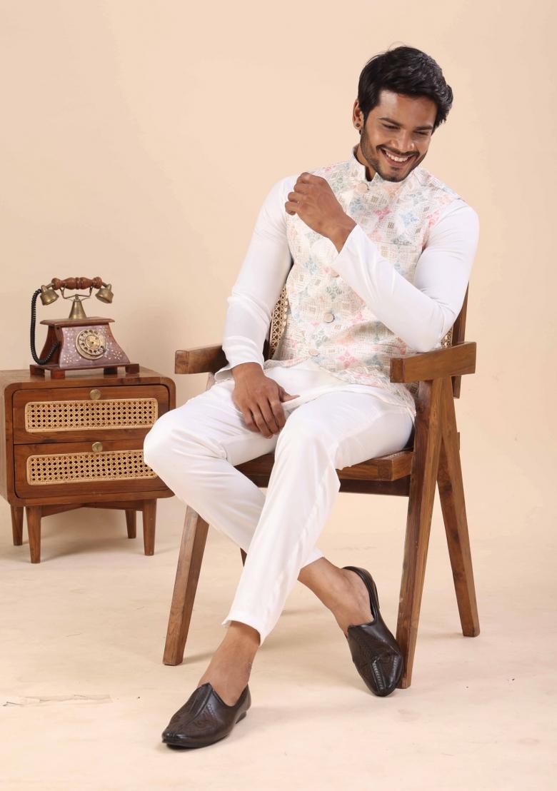White Embroidery Cotton Waistcoat For Men - Indya
