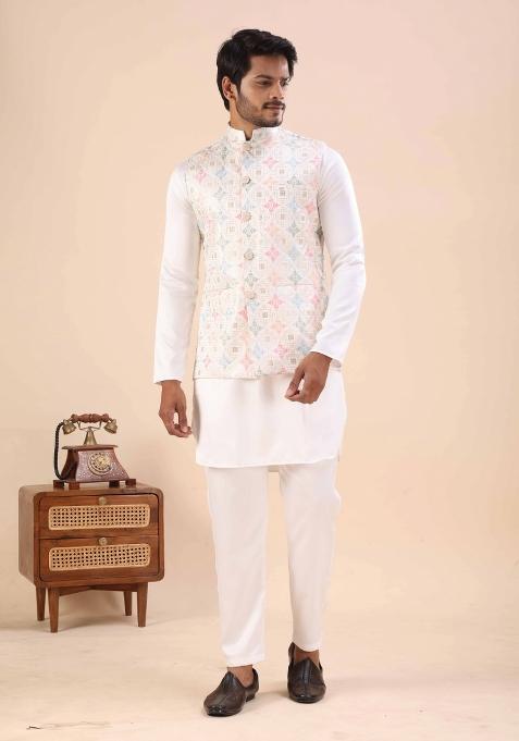 White Embroidery Cotton Waistcoat For Men