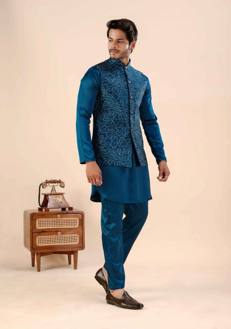 Petrol Blue Embroidery Cotton Waistcoat For Men - Indya