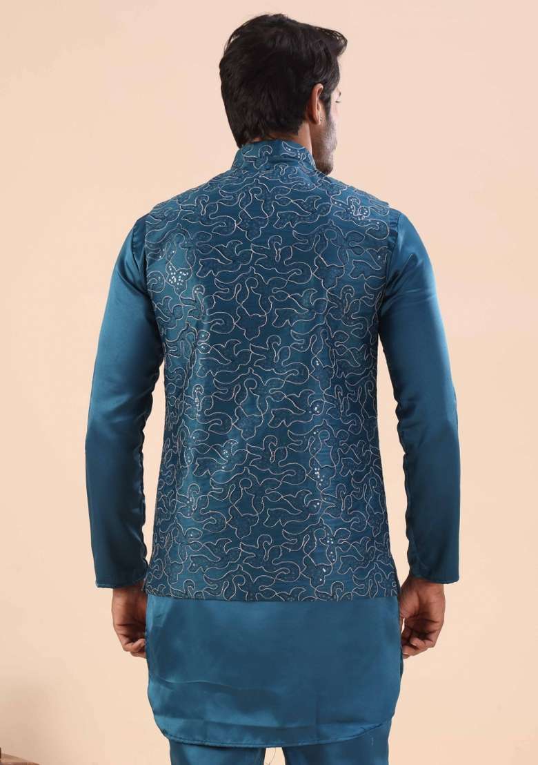 Petrol Blue Embroidery Cotton Waistcoat For Men - Indya