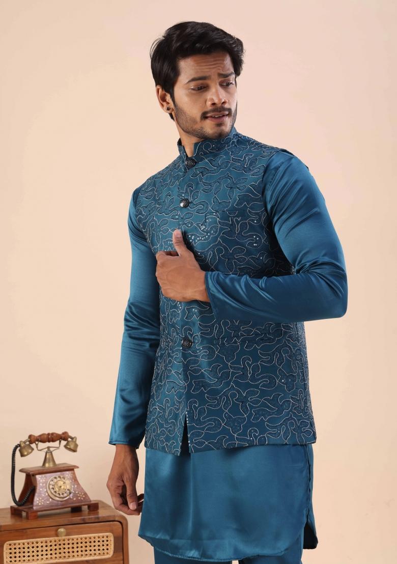 Petrol Blue Embroidery Cotton Waistcoat For Men - Indya