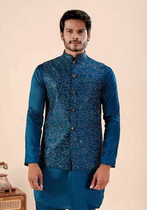 Petrol Blue Embroidery Cotton Waistcoat For Men