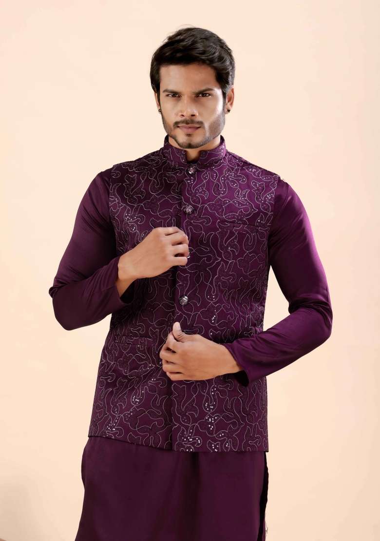 Wine Embroidery Cotton Waistcoat For Men - Indya