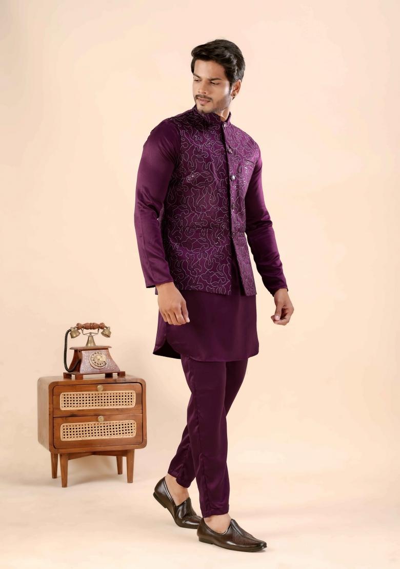 Wine Embroidery Cotton Waistcoat For Men - Indya