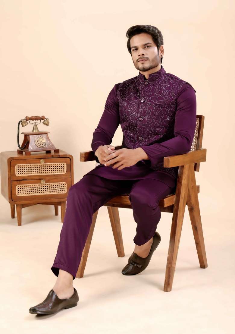 Wine Embroidery Cotton Waistcoat For Men - Indya