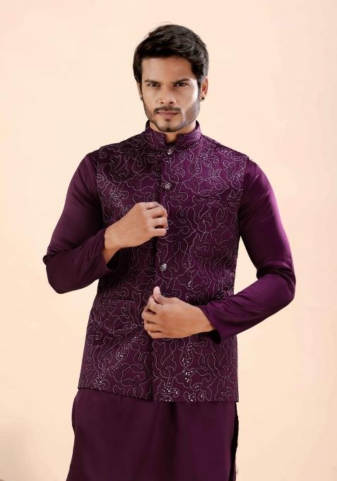 Wine Embroidery Cotton Waistcoat For Men