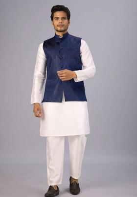 Blue Jacquard Cotton Waistcoat For Men