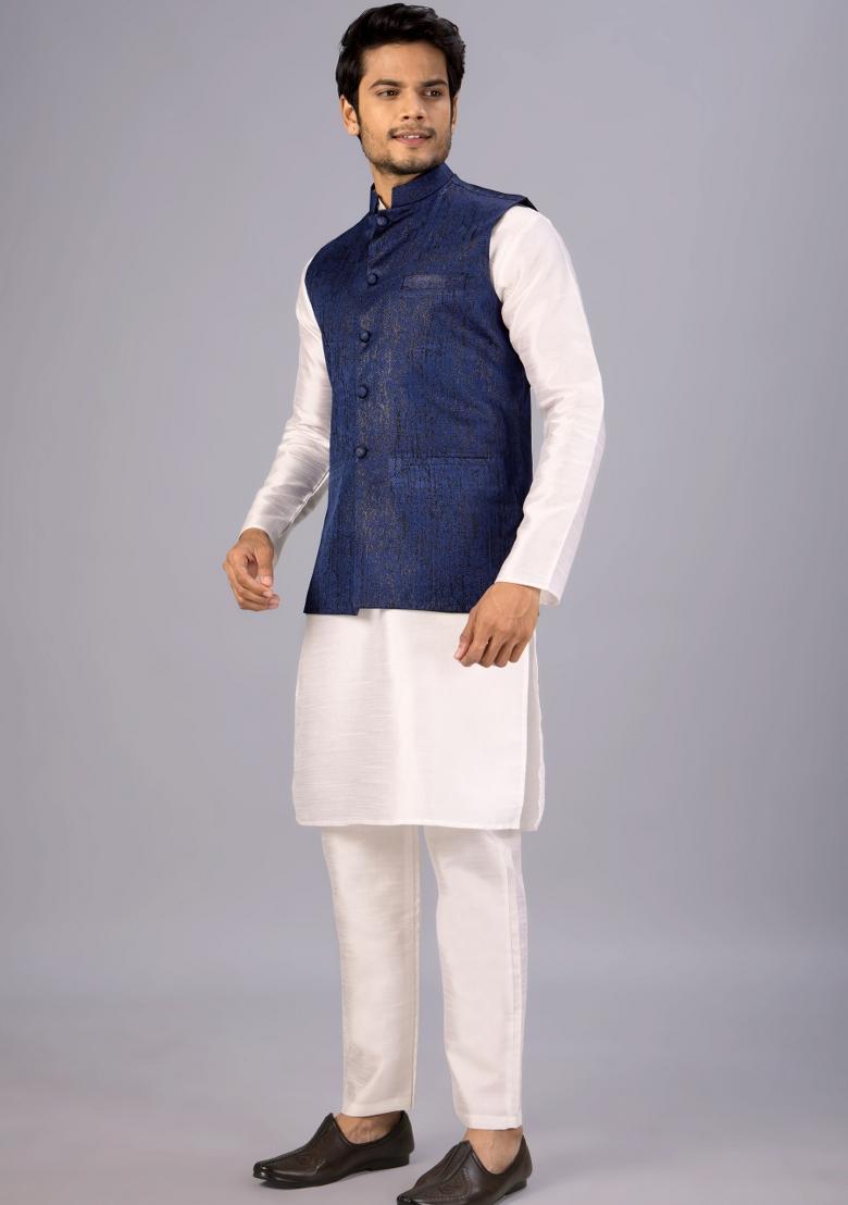 Blue Jacquard Cotton Waistcoat For Men - Indya