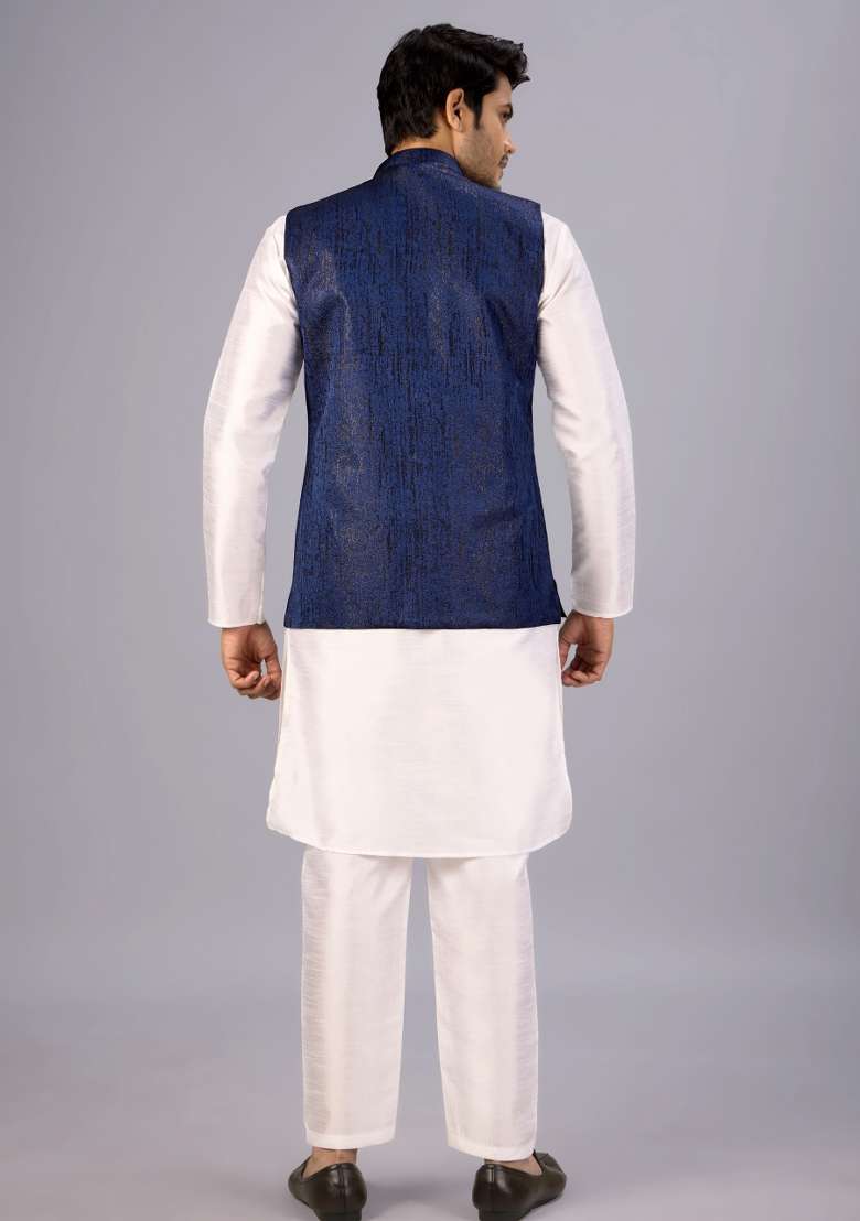 Blue Jacquard Cotton Waistcoat For Men - Indya