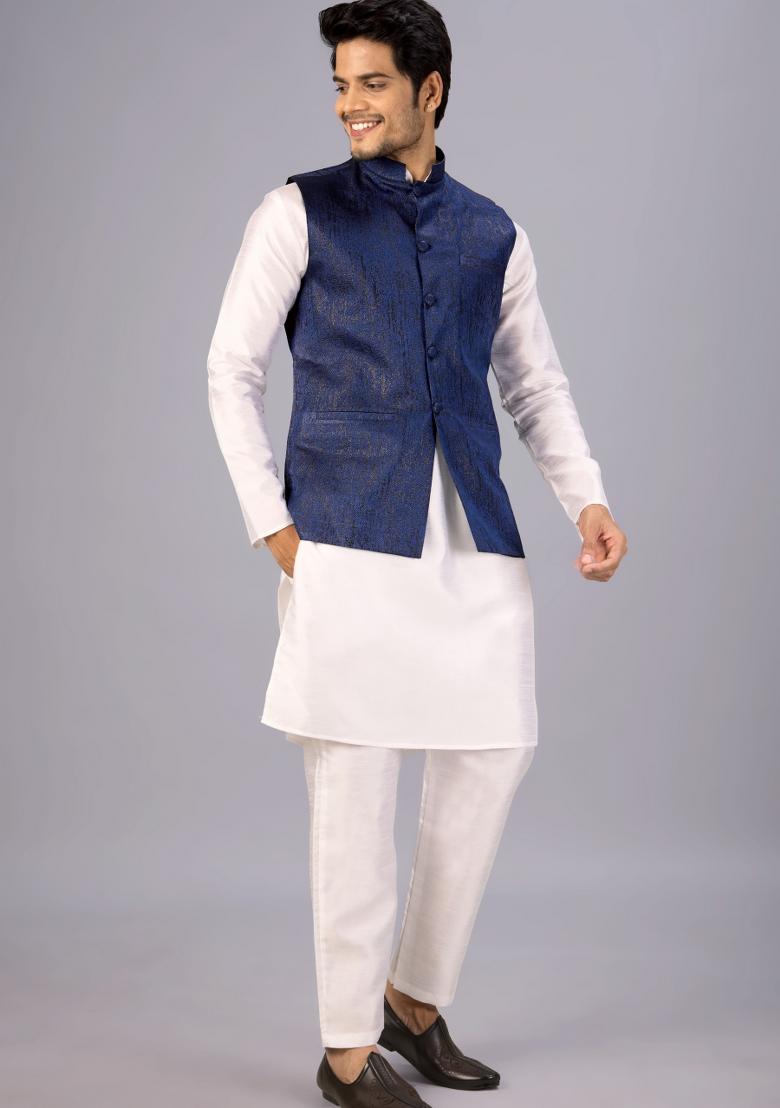 Blue Jacquard Cotton Waistcoat For Men - Indya