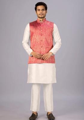 Peach Jacquard Cotton Waistcoat For Men