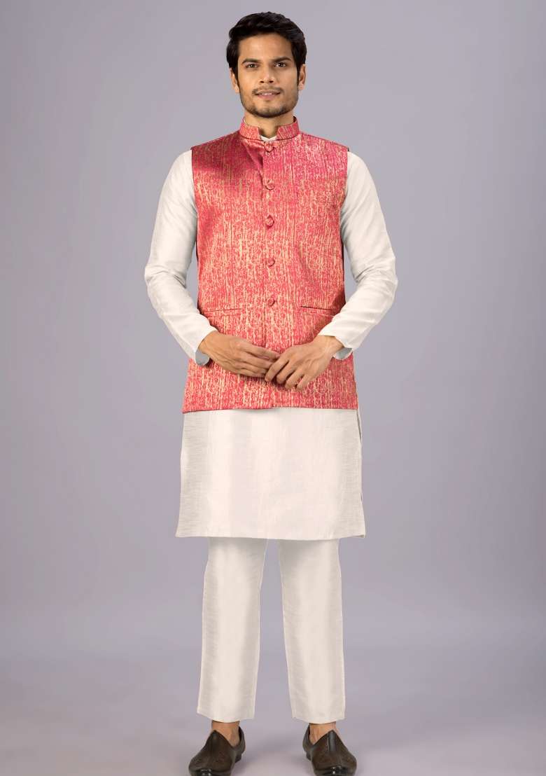 Peach Jacquard Cotton Waistcoat For Men - Indya