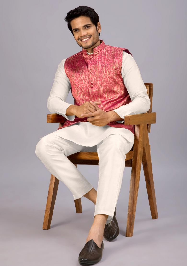 Peach Jacquard Cotton Waistcoat For Men - Indya