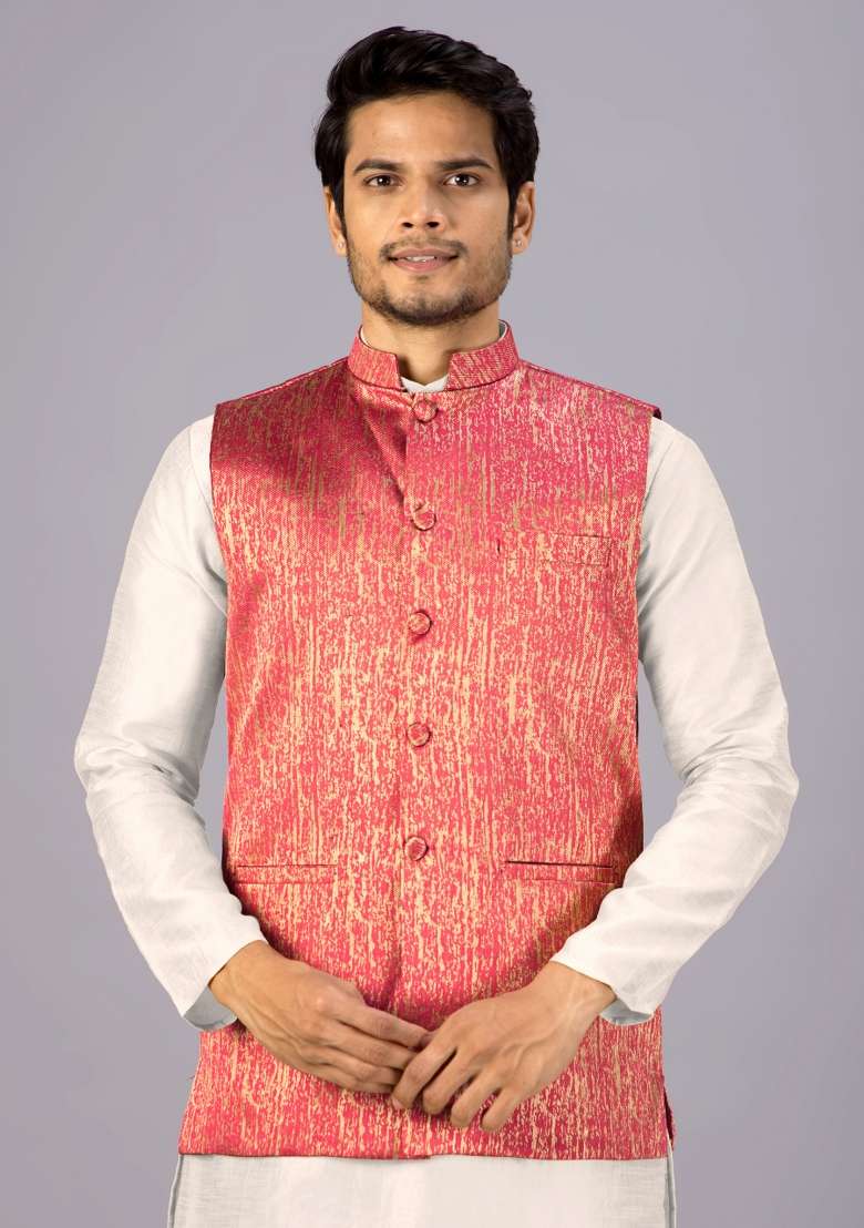 Peach Jacquard Cotton Waistcoat For Men - Indya