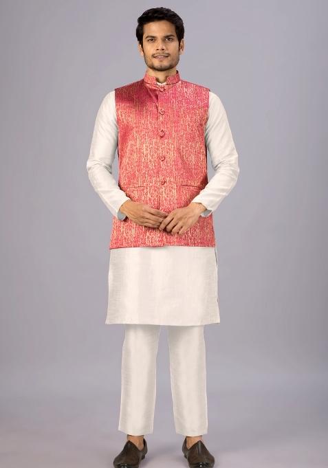 Peach Jacquard Cotton Waistcoat For Men
