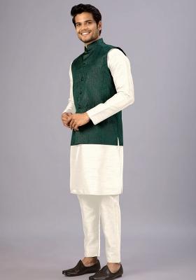 Green Jacquard Cotton Waistcoat For Men