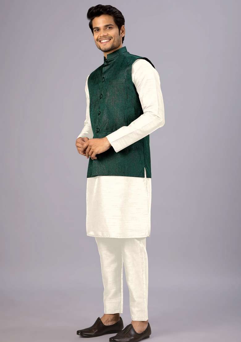 Green Jacquard Cotton Waistcoat For Men - Indya