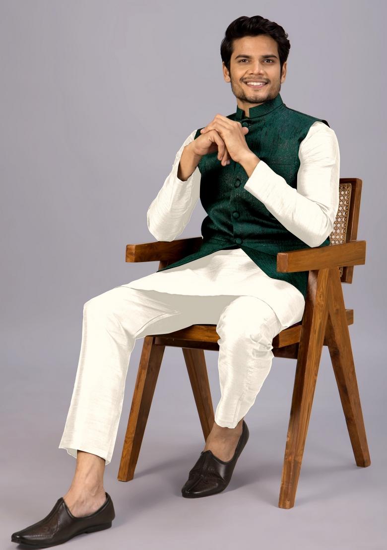 Green Jacquard Cotton Waistcoat For Men - Indya