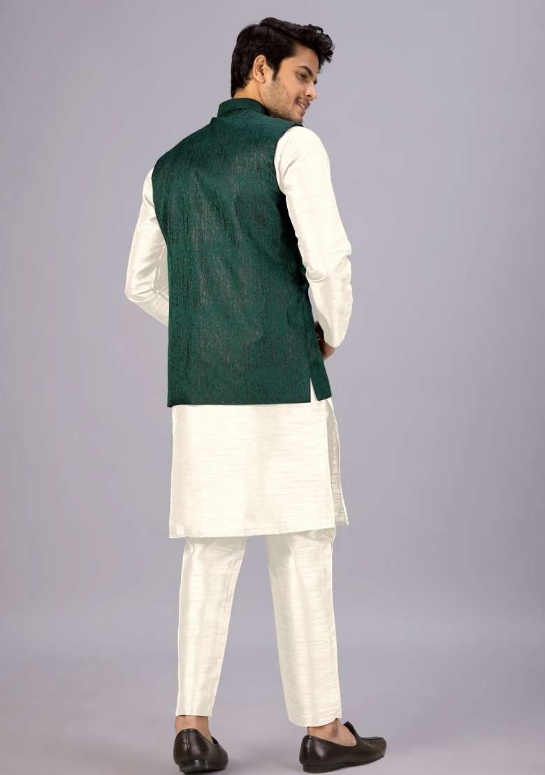 Green Jacquard Cotton Waistcoat For Men - Indya