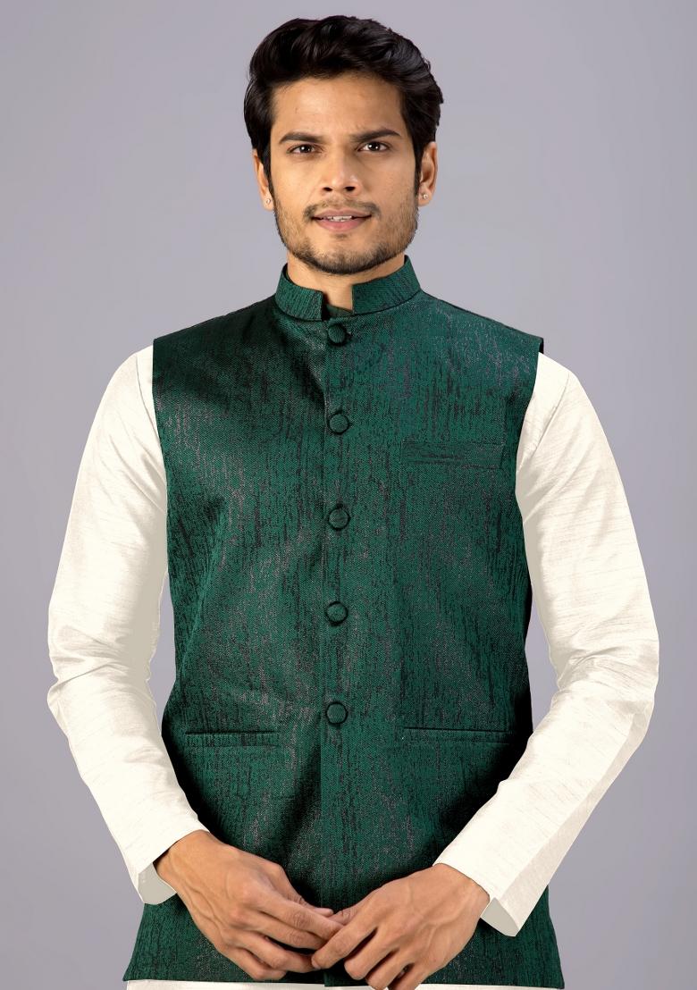 Green Jacquard Cotton Waistcoat For Men - Indya
