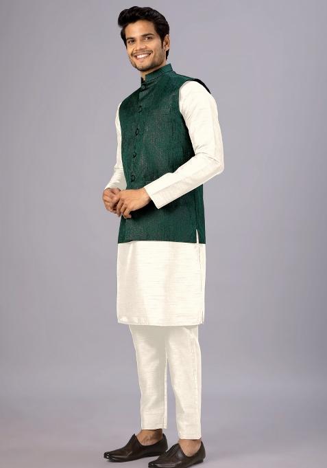 Green Jacquard Cotton Waistcoat For Men