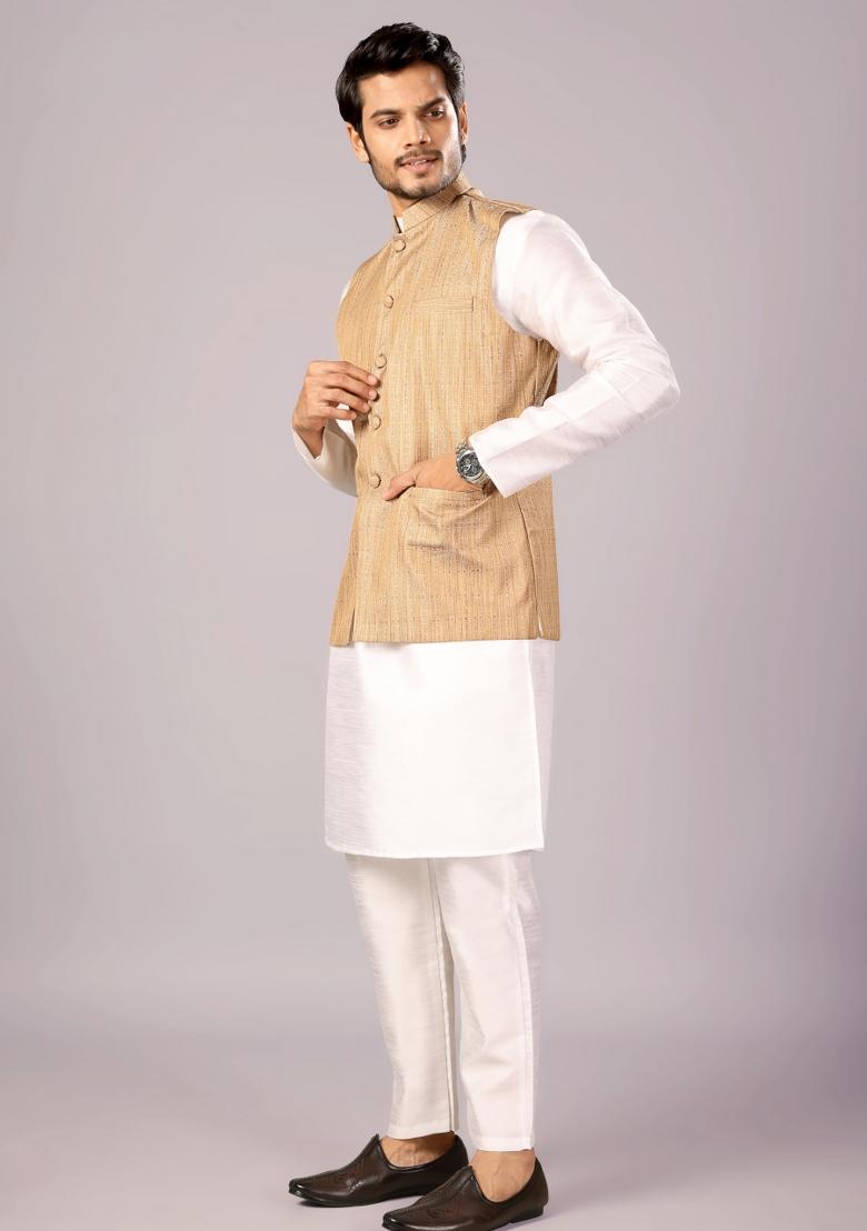 Golden Jacquard Cotton Waistcoat For Men - Indya