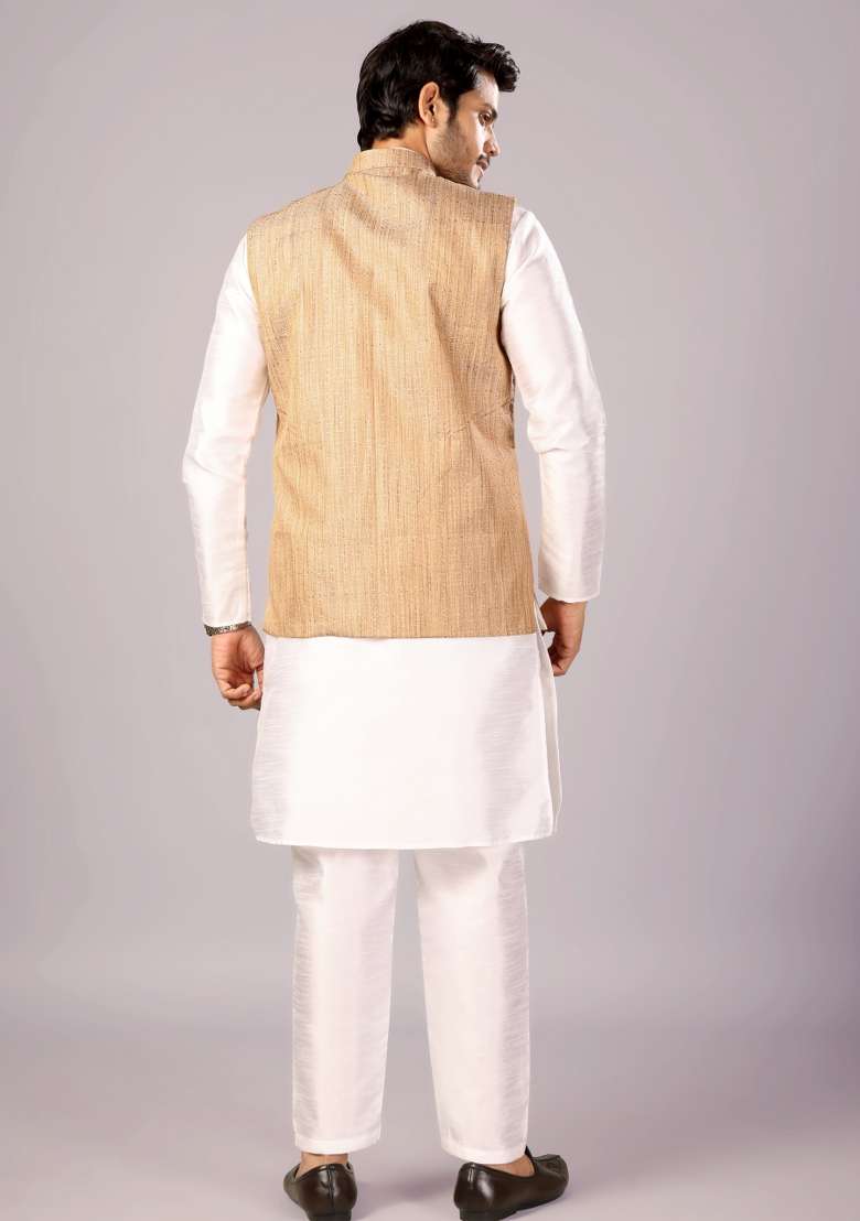 Golden Jacquard Cotton Waistcoat For Men - Indya