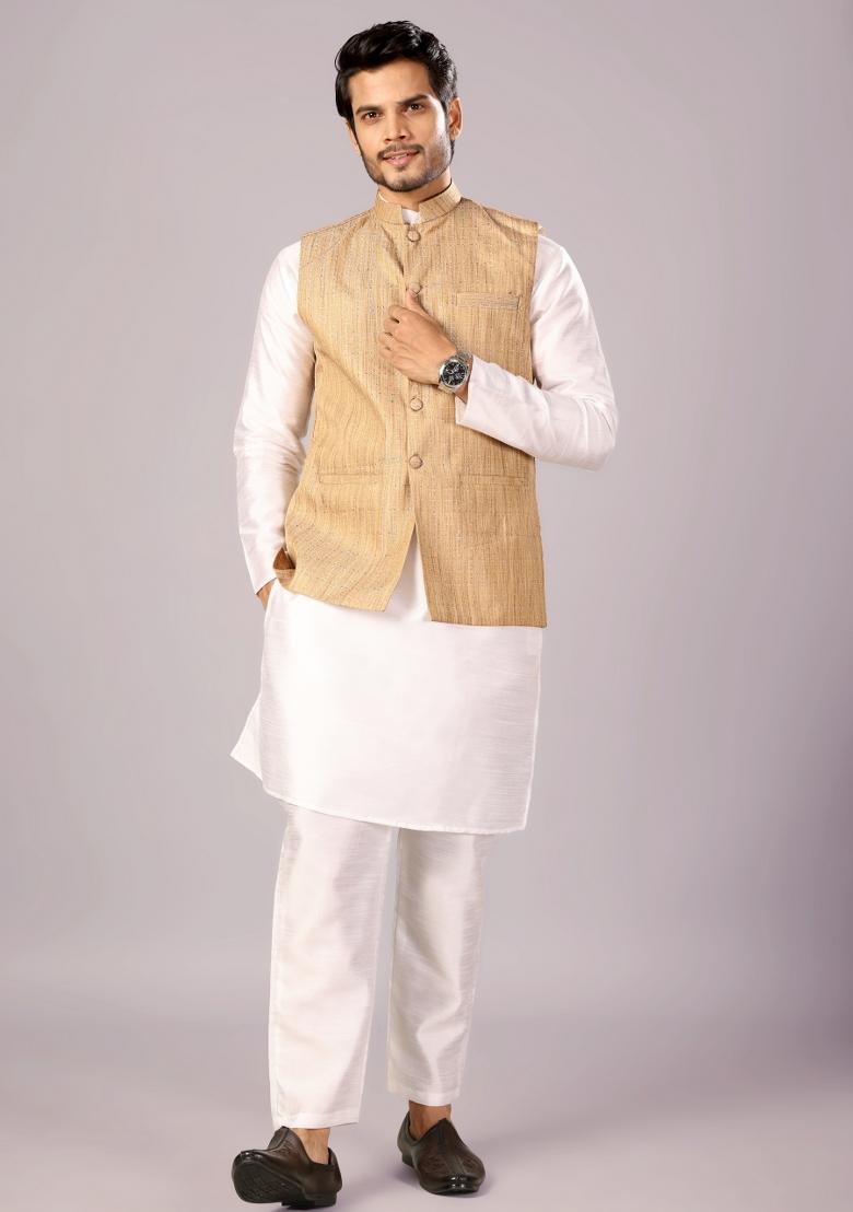 Golden Jacquard Cotton Waistcoat For Men - Indya