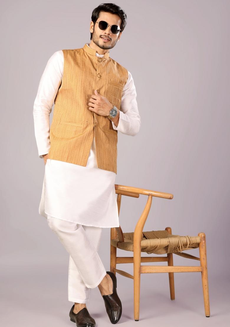 Yellow Jacquard Cotton Waistcoat For Men - Indya