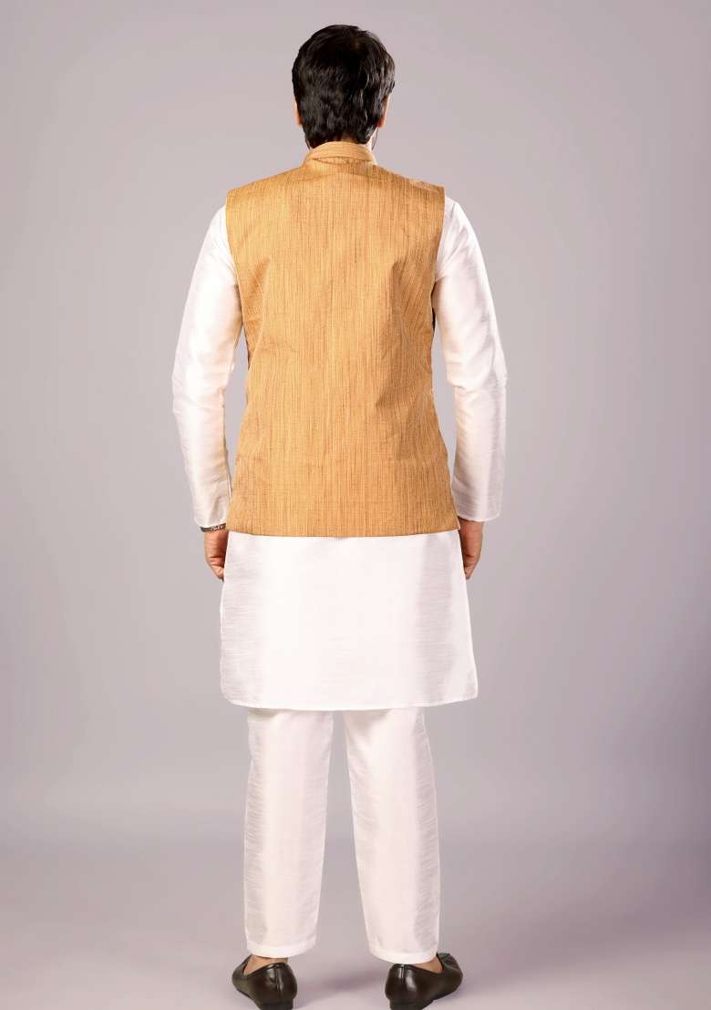 Yellow Jacquard Cotton Waistcoat For Men - Indya