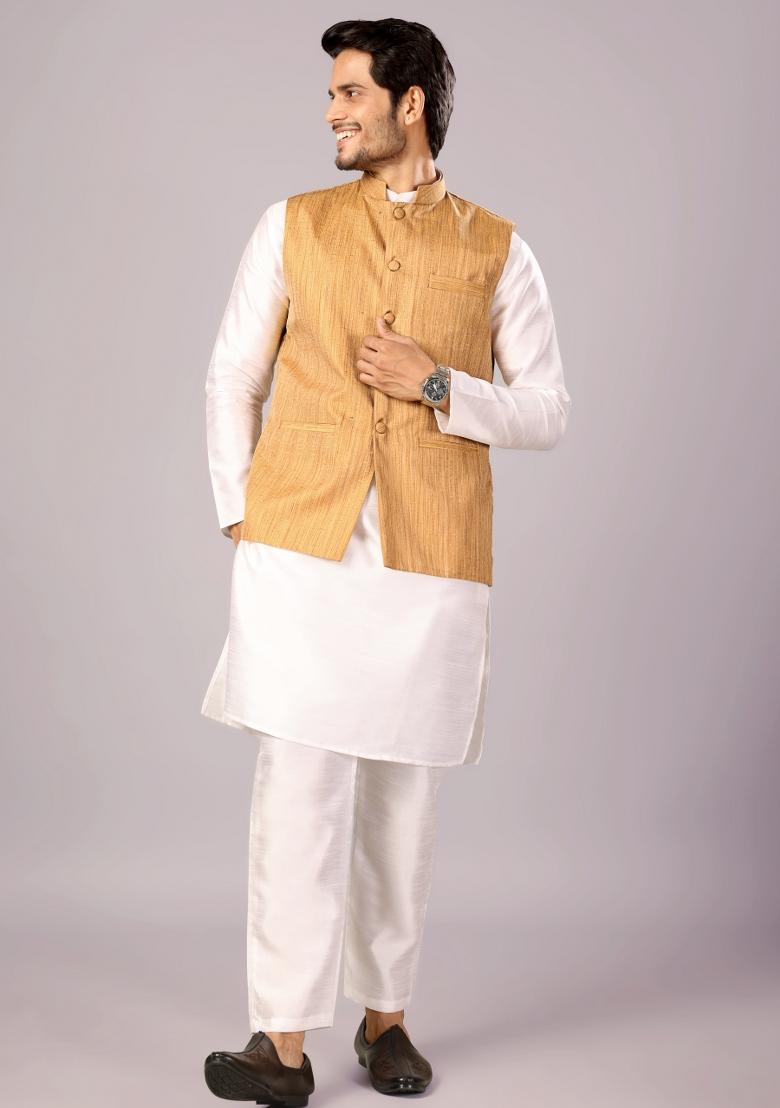Yellow Jacquard Cotton Waistcoat For Men - Indya