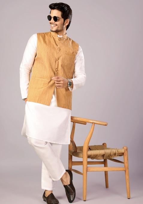 Yellow Jacquard Cotton Waistcoat For Men