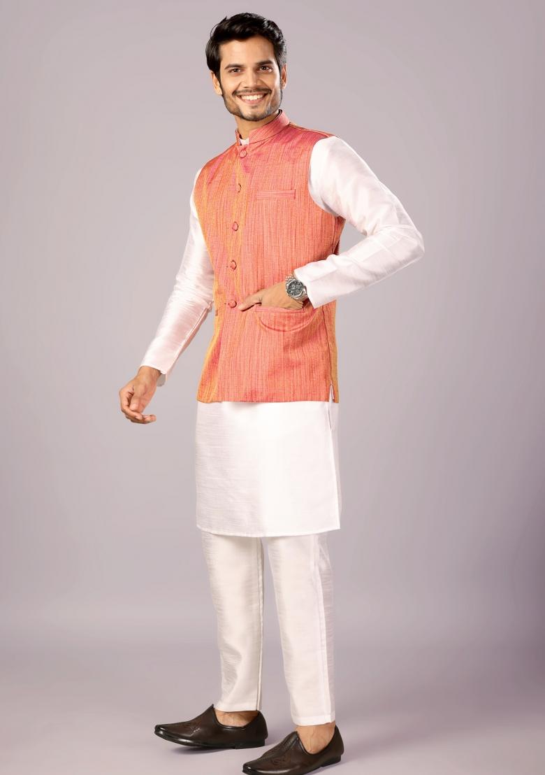 Pink Jacquard Cotton Waistcoat For Men - Indya
