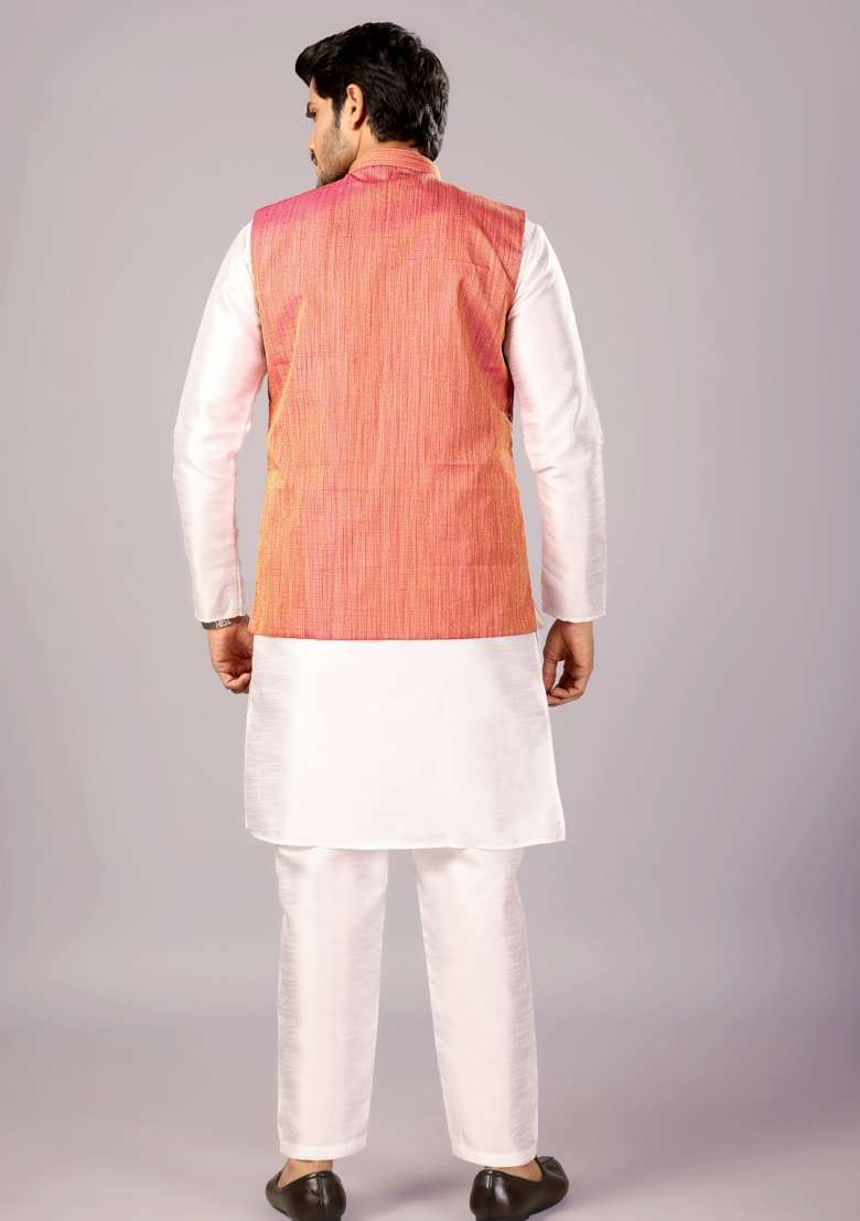 Pink Jacquard Cotton Waistcoat For Men - Indya