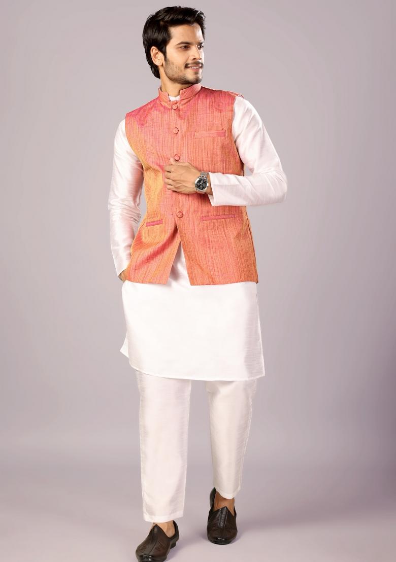 Pink Jacquard Cotton Waistcoat For Men - Indya