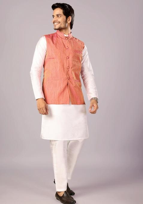 Pink Jacquard Cotton Waistcoat For Men
