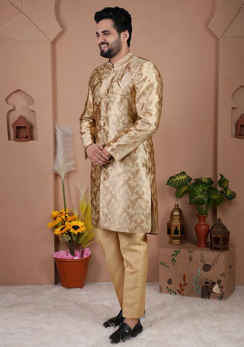 Golden Jacquard Silk Indo Western For Men - Indya