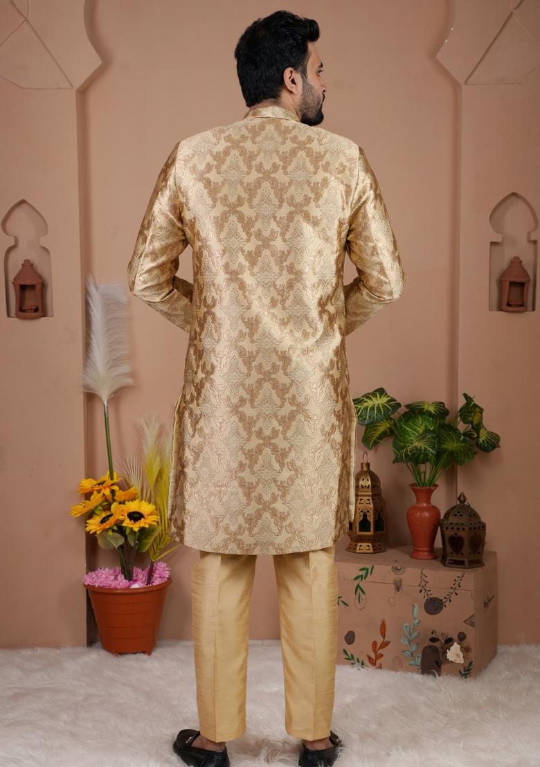 Golden Jacquard Silk Indo Western For Men - Indya