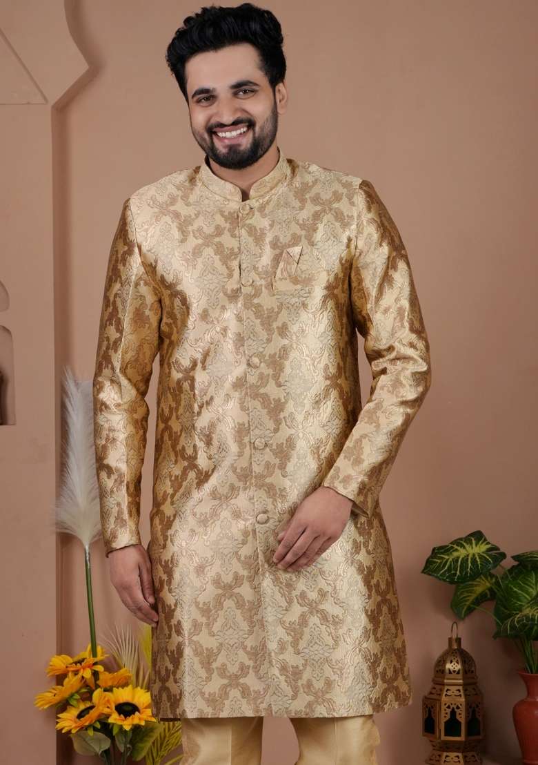 Golden Jacquard Silk Indo Western For Men - Indya