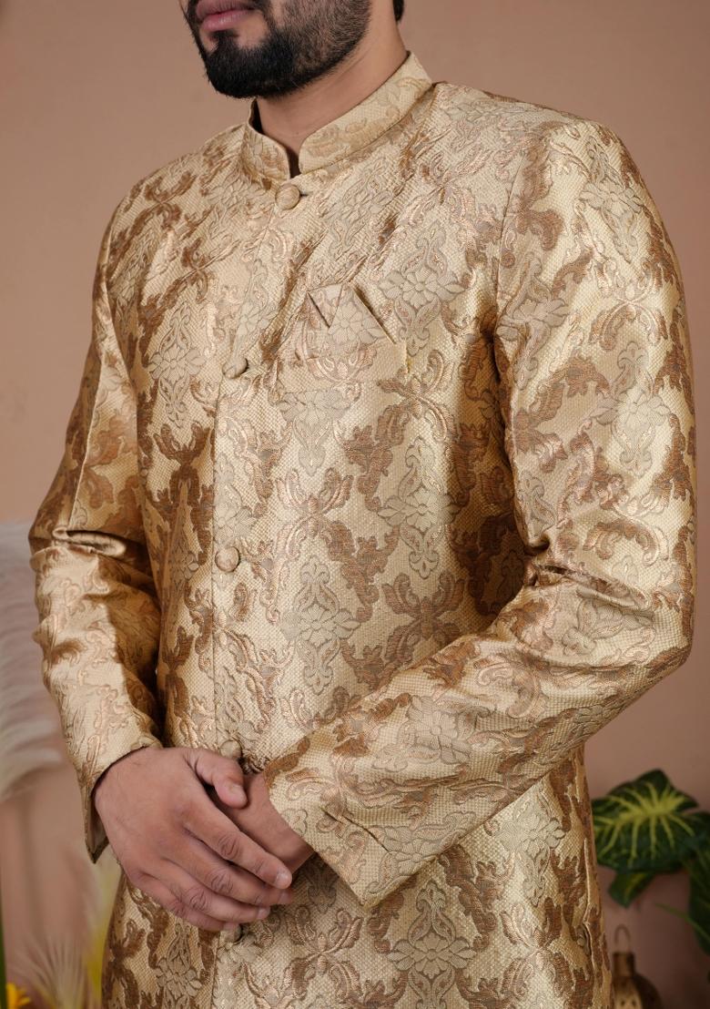 Golden Jacquard Silk Indo Western For Men - Indya