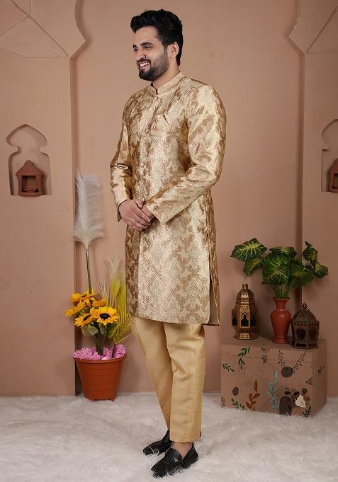 Golden Jacquard Silk Indo Western For Men