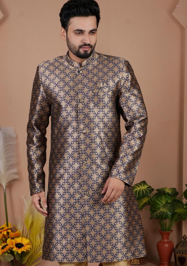 Nevy Blue Jacquard Silk Indo Western For Men - Indya